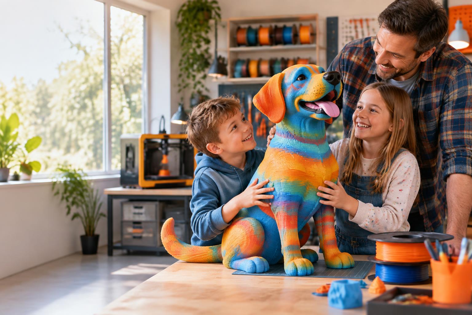 Two children showing their father a large colorful 3D printed dog
