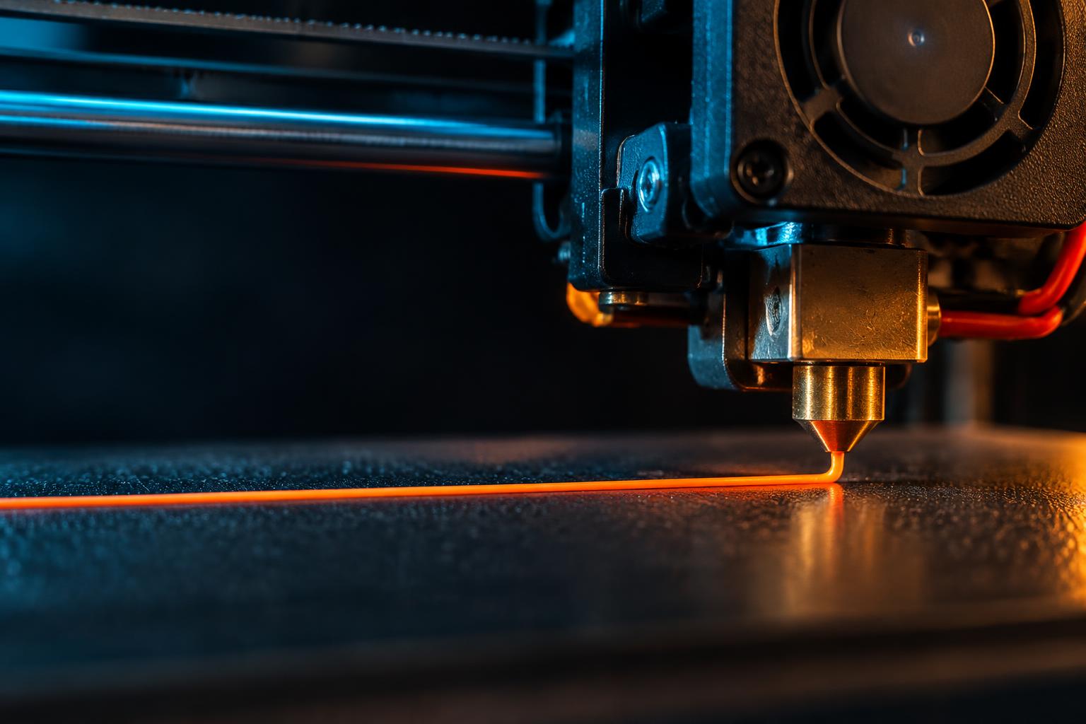 A 3D printer nozzle laying its first orange filament line onto a print bed