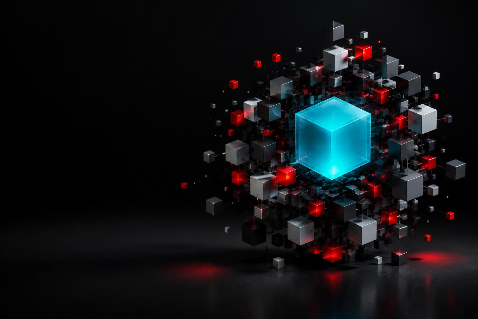 A glowing dimensional voxel surrounded by an assembling field of cubes