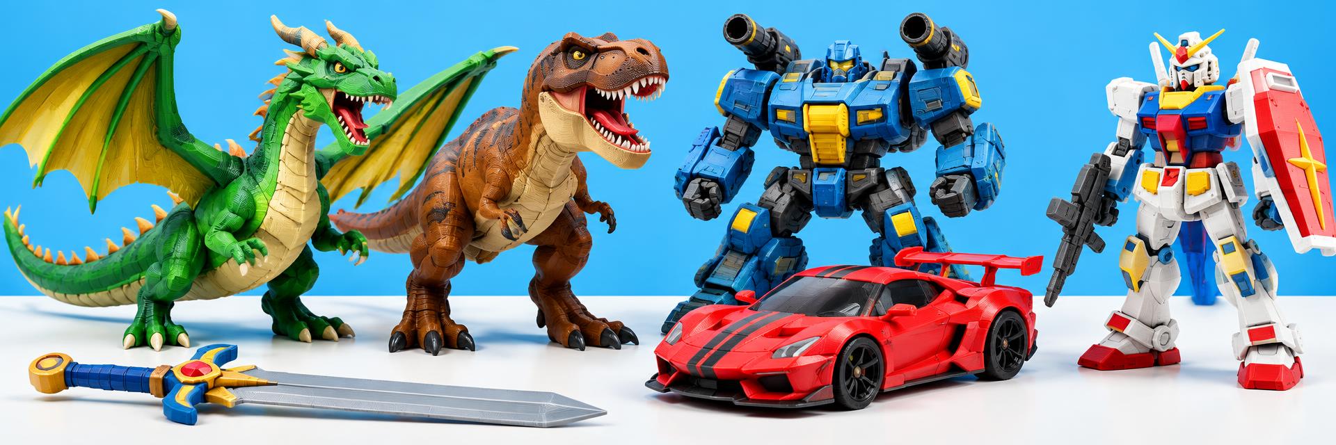 Printed dragon, T-rex dinosaur, battle robot, race car, mech, and toy sword