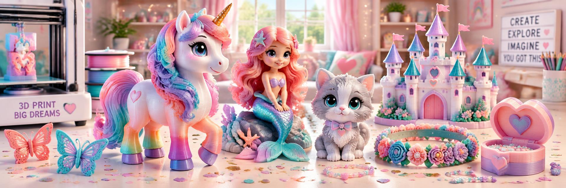 Printed rainbow unicorn, mermaid, kitten, pastel castle, flower crown, and jewelry box
