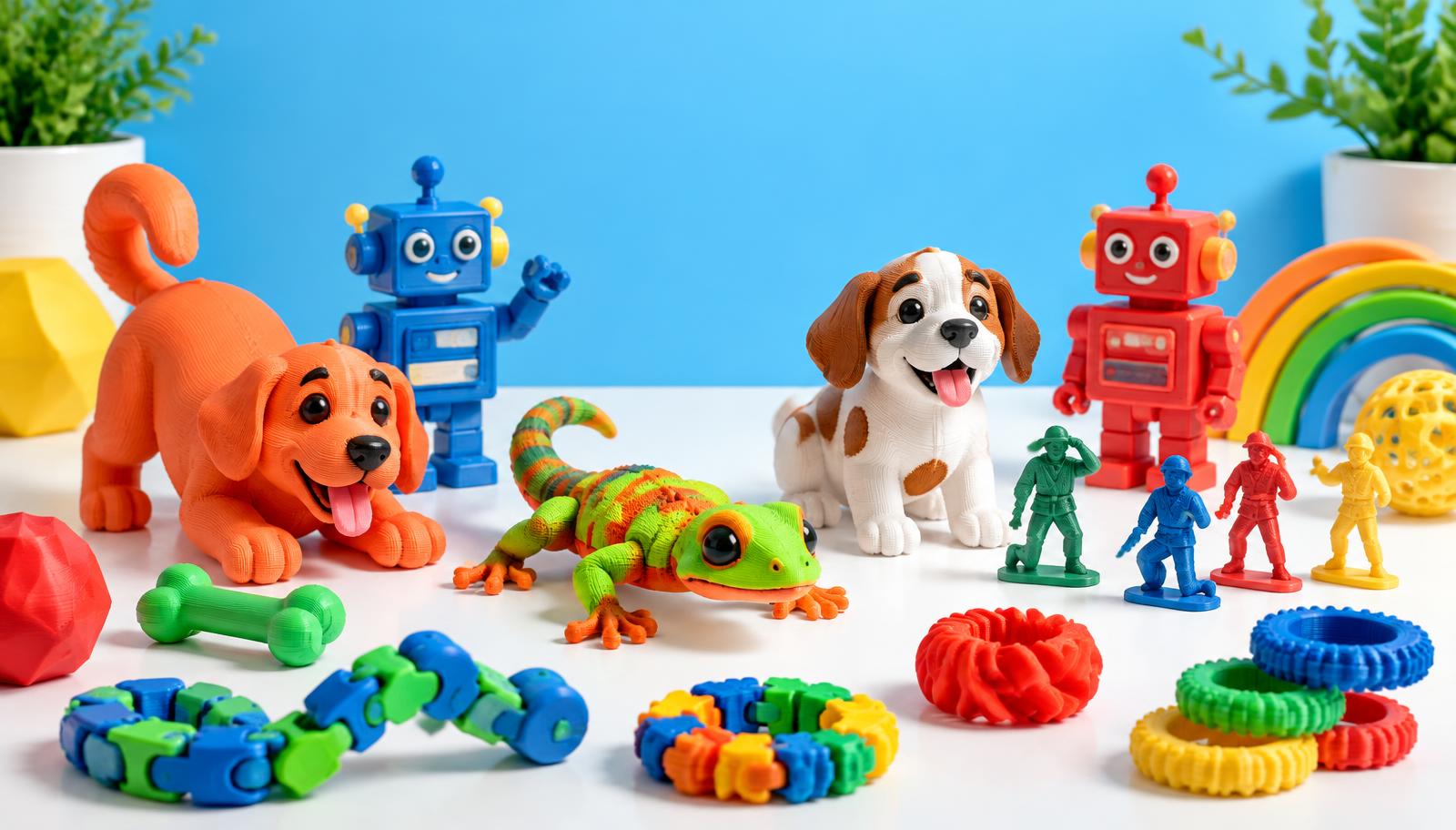 Colorful printed dogs, a crested gecko, robots, toy soldiers, and fidgets